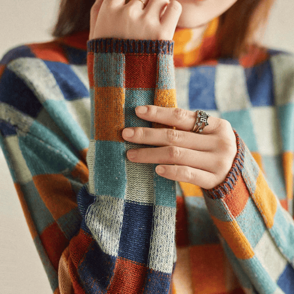 Women's Retro Check Color Block Crew Neck Sweater