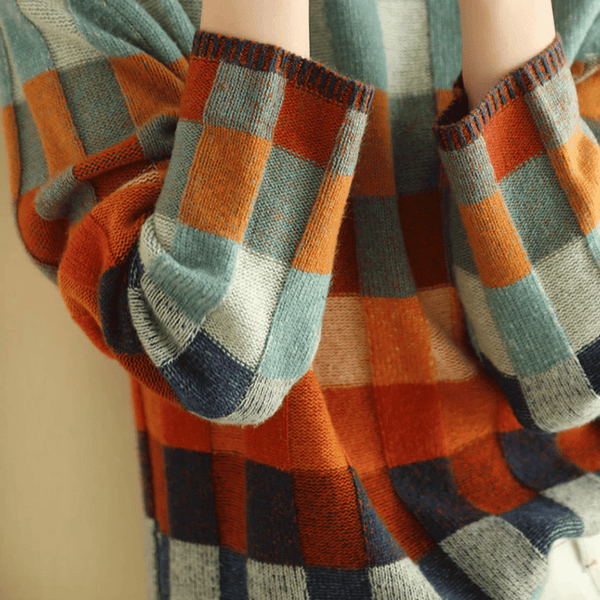 Women's Retro Check Color Block Crew Neck Sweater