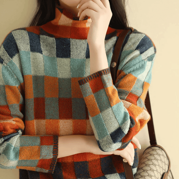 Women's Retro Check Color Block Crew Neck Sweater