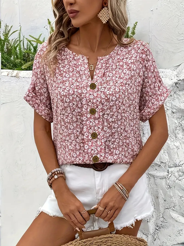 Women's Floral Button-Front Casual Blouse with Relaxed Short Sleeves