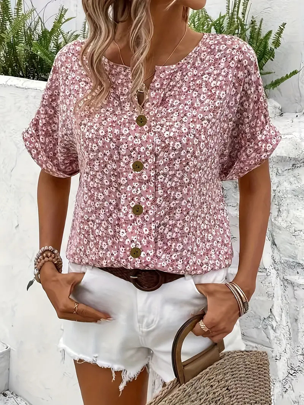 Women's Floral Button-Front Casual Blouse with Relaxed Short Sleeves