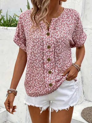 Women's Floral Button-Front Casual Blouse with Relaxed Short Sleeves