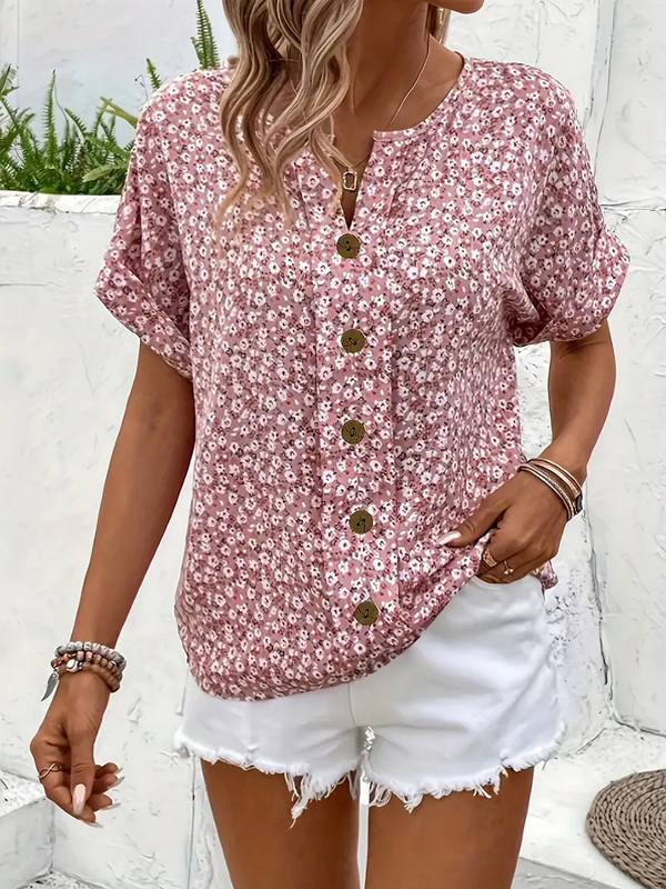Women's Floral Button-Front Casual Blouse with Relaxed Short Sleeves