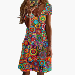 Vestido retro para mujer con estampado multicolor de círculos y escote en V