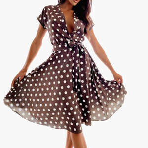 Women’s Polka Dot Wrap Midi Dress with Tie Waist