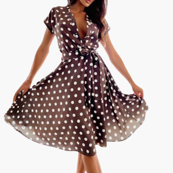 Women’s Polka Dot Wrap Midi Dress with Tie Waist