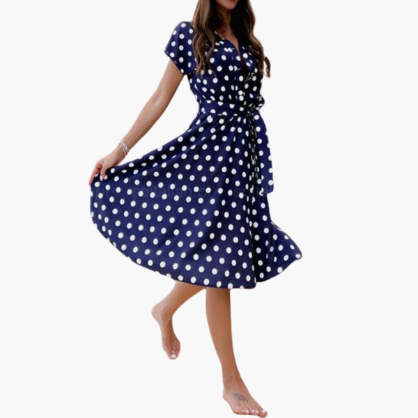 Women’s Polka Dot Wrap Midi Dress with Tie Waist