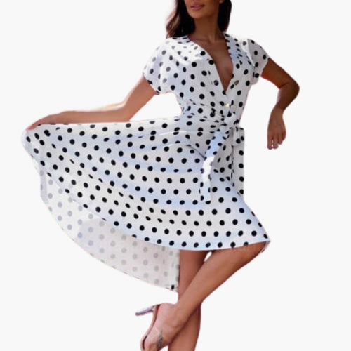 Women’s Polka Dot Wrap Midi Dress with Tie Waist