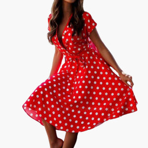 Women’s Polka Dot Wrap Midi Dress with Tie Waist