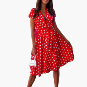 Women’s Polka Dot Wrap Midi Dress with Tie Waist