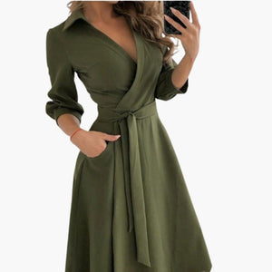 Women's Elegant Wrap Midi Dress with Tie Waist