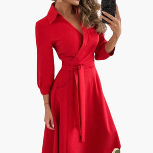 Women's Elegant Wrap Midi Dress with Tie Waist