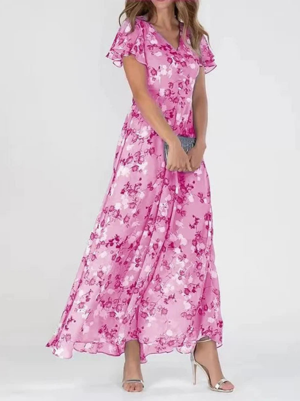 Women's Romantic Floral Maxi Dress with Flutter Sleeves