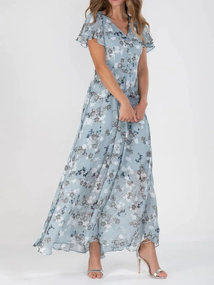 Women's Romantic Floral Maxi Dress with Flutter Sleeves