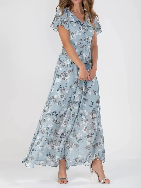 Women's Romantic Floral Maxi Dress with Flutter Sleeves