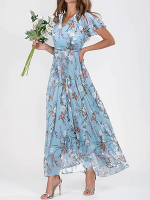 Women's Romantic Floral Maxi Dress with Flutter Sleeves