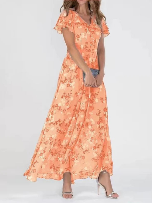Women's Romantic Floral Maxi Dress with Flutter Sleeves