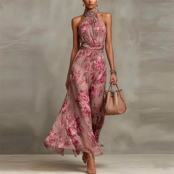 Women's Floral Halter Neck Maxi Dress with Flowing A-Line Skirt