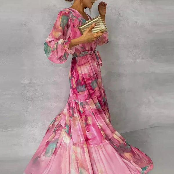 Women’s Floral Long Sleeve Flowing Maxi Wrap Dress