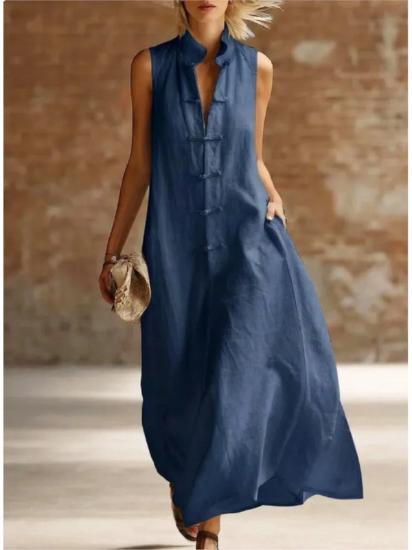 Vestido camisero largo holgado para mujer con cuello mao