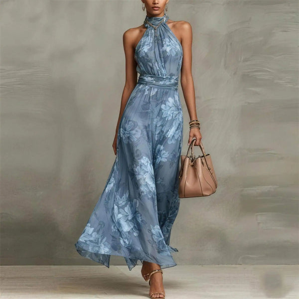 Women's Floral Halter Neck Maxi Dress with Flowing A-Line Skirt