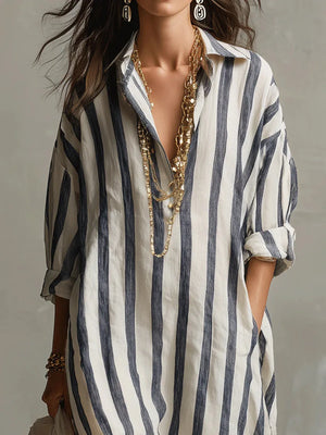 Women's Striped Maxi Shirt Dress with Pockets