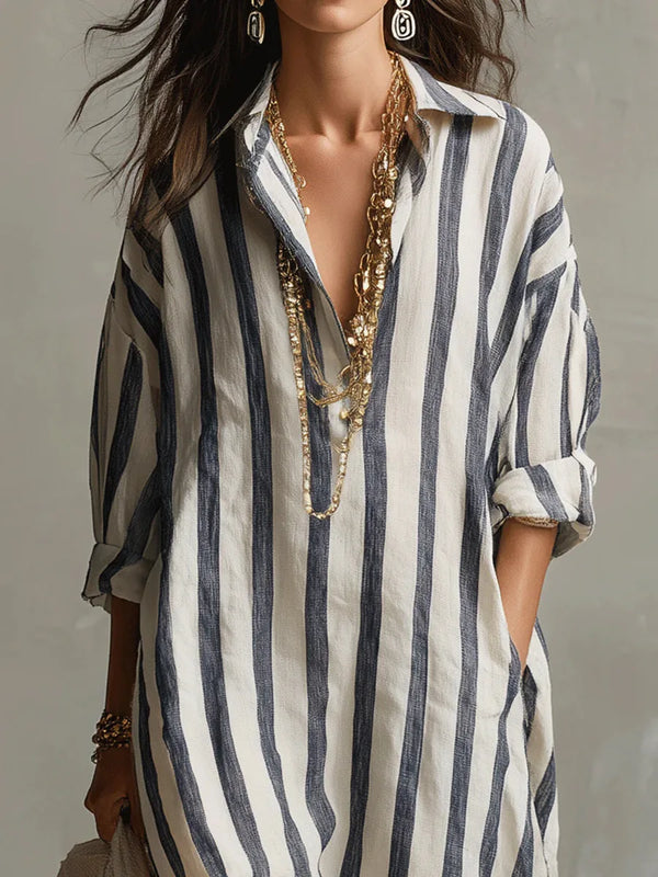 Women's Striped Maxi Shirt Dress with Pockets