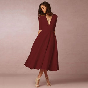 Women's V-Neck A-Line Fit Midi Dress