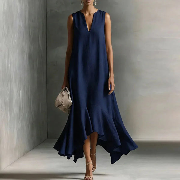 Women's V-Neck Maxi Dress with Asymmetric Hem