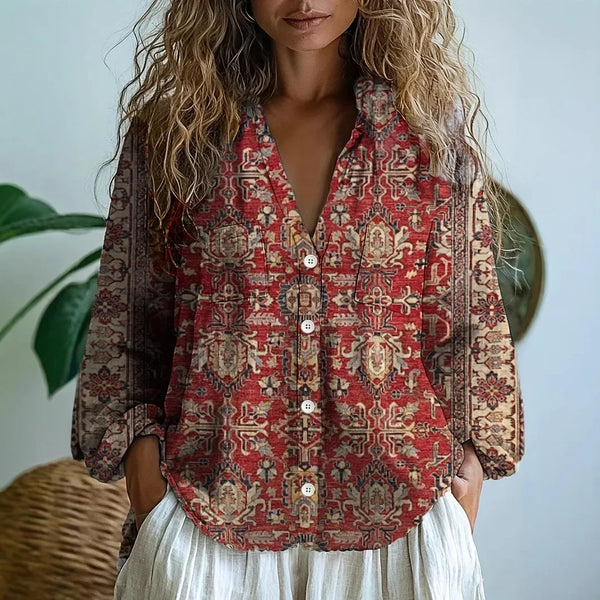 Women’s Vintage Floral Boho Button-Up Blouse