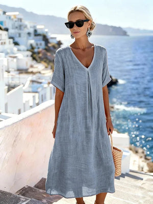 Vestido midi informal holgado para mujer con escote en V