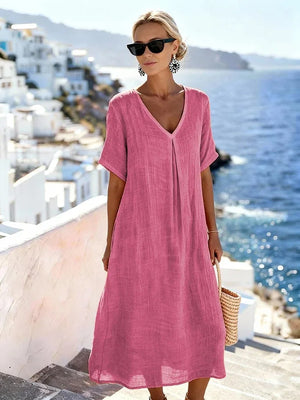 Vestido midi informal holgado para mujer con escote en V