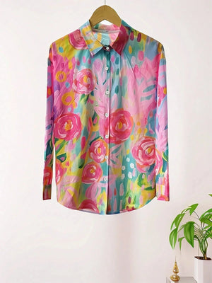 Blusa de manga larga con botones y estampado para mujer