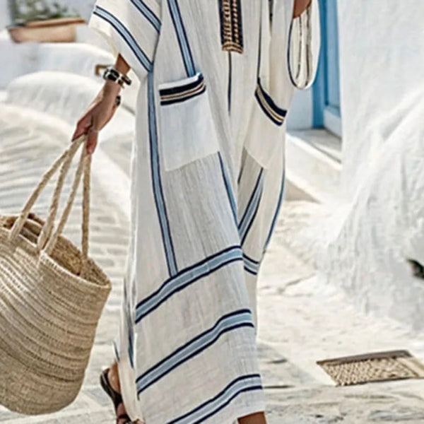 Women's Striped Boho V-Neck Kaftan Maxi Dress