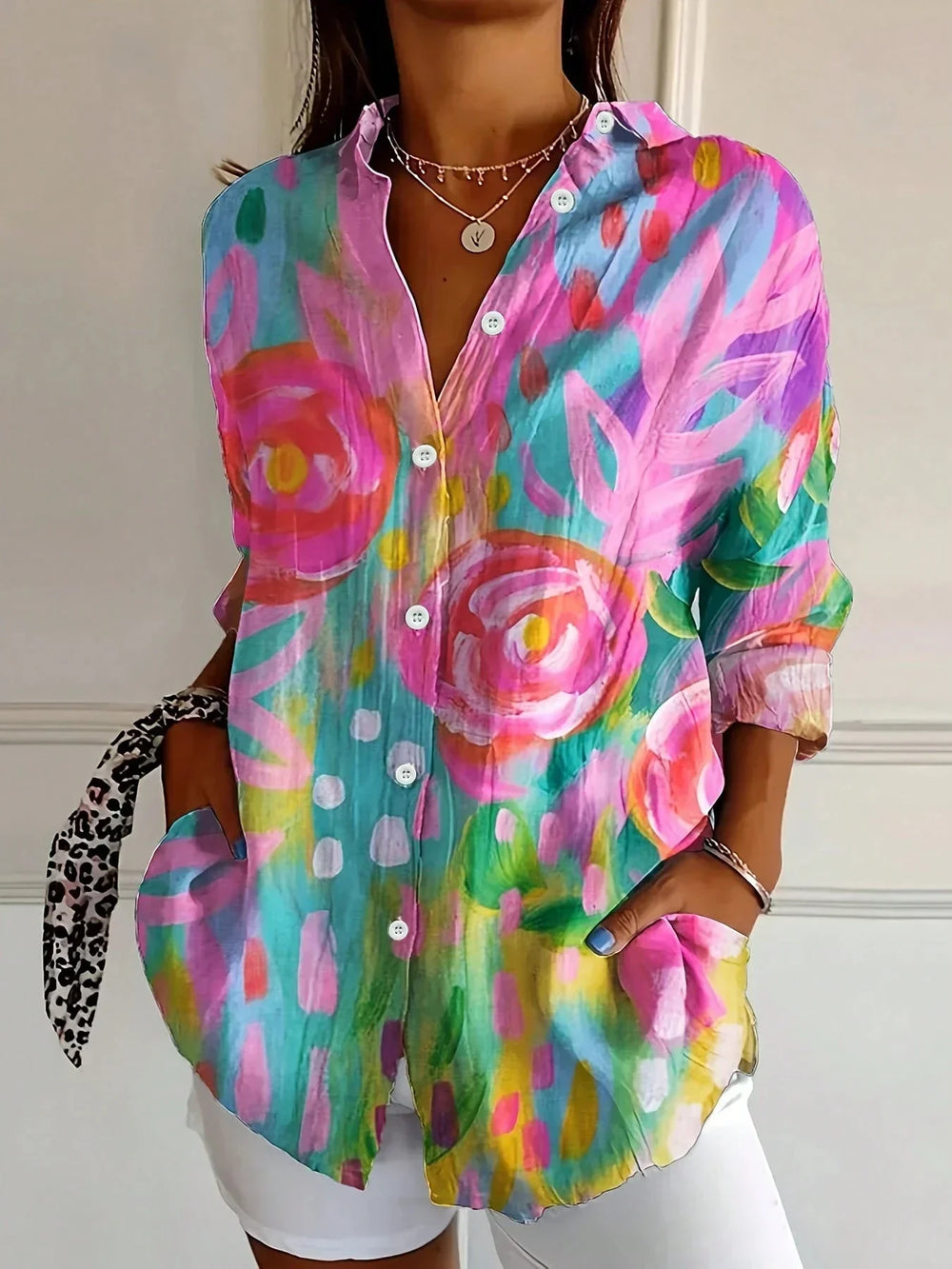 Women's Vibrant Floral Print Button-Up Blouse