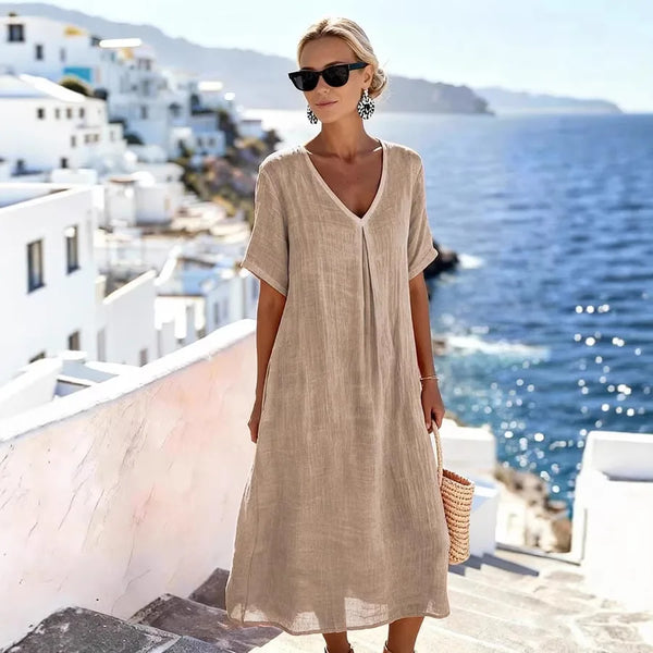 Vestido midi informal holgado para mujer con escote en V