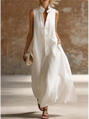 Vestido camisero largo holgado para mujer con cuello mao