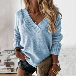 Cozy V-Neck Knit Sweater Relaxed Fit Everyday Pullover for Women