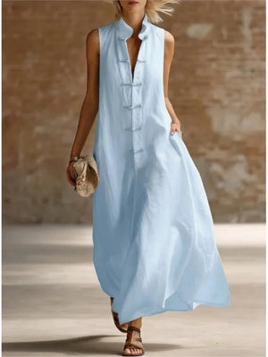 Vestido camisero largo holgado para mujer con cuello mao