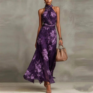 Women's Floral Halter Neck Maxi Dress with Flowing A-Line Skirt
