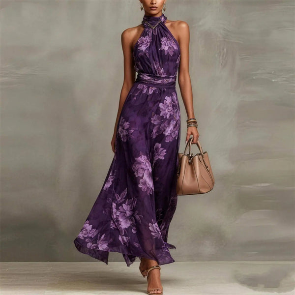 Women's Floral Halter Neck Maxi Dress with Flowing A-Line Skirt