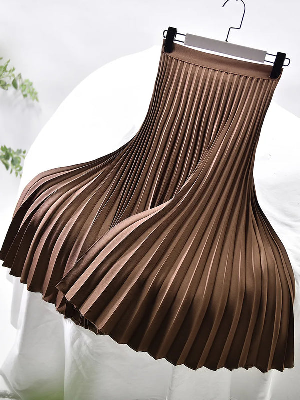 Elegant Pleated Elastic Waist Midi Skirt