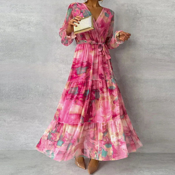 Women’s Floral Long Sleeve Flowing Maxi Wrap Dress