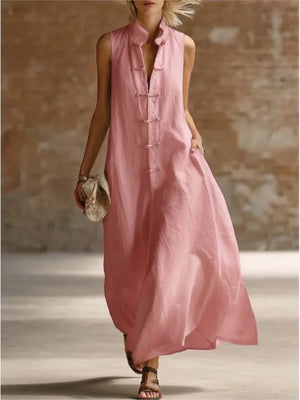 Vestido camisero largo holgado para mujer con cuello mao