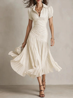 Women's Ruched Waist Flowy Pleated Midi Dress