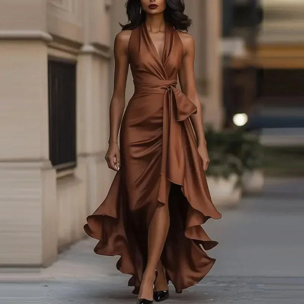 Vestido largo asimétrico de noche para mujer con hombros descubiertos