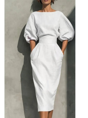 Women's Midi Dress with Cinched Waist and Puff Sleeves