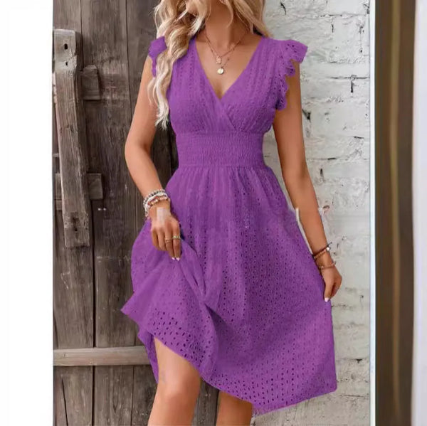Vestido de Verano con Escote en V y Ojetes para Mujer