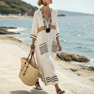Women's Striped Boho V-Neck Kaftan Maxi Dress