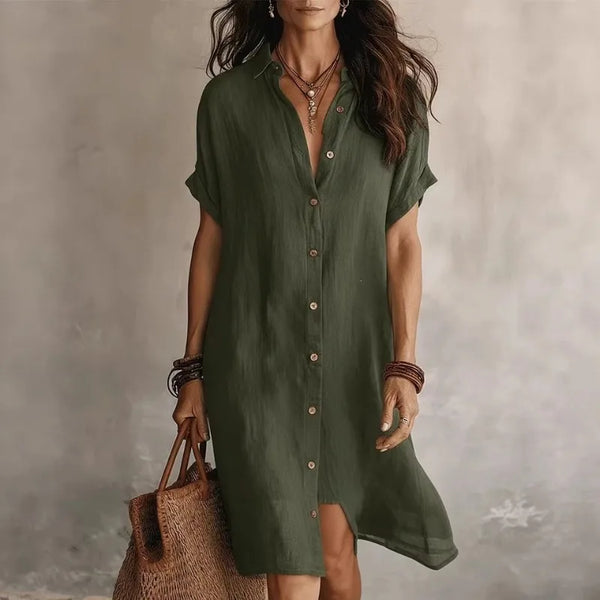 Women's Short Sleeve Button-Down Bohemian Midi Dress